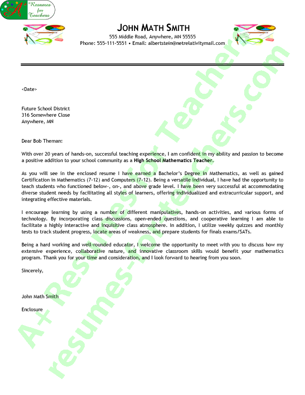 Math Teacher Cover Letter Sample. See the resume that complements this cover 