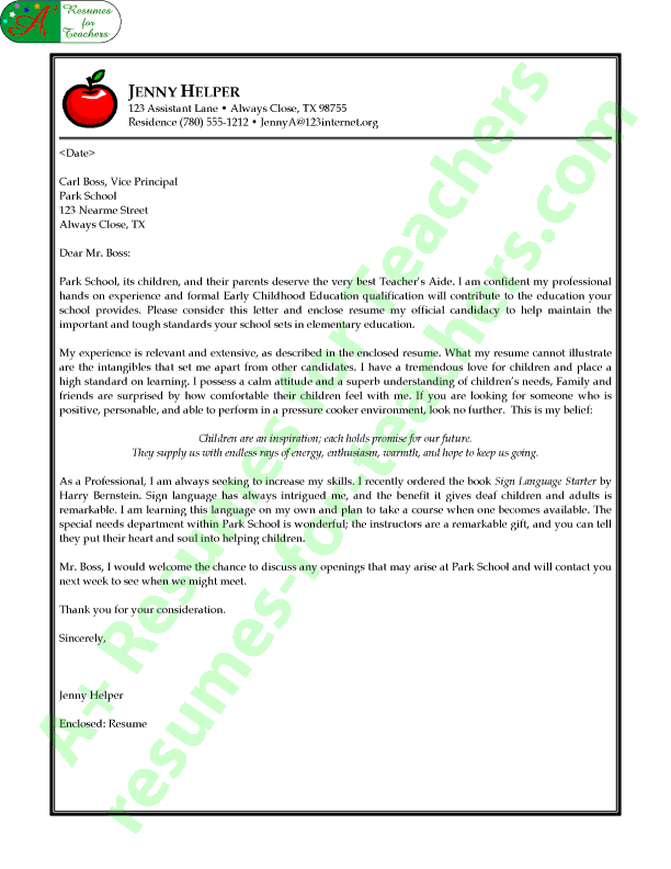 Free Teacher’s Aide Cover Letter Sample