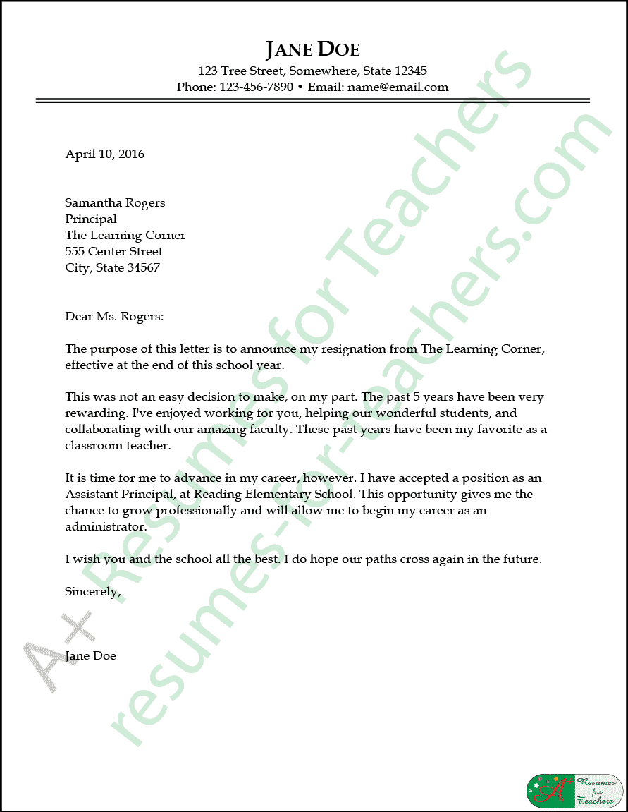 Teachers Resignation Letter Example