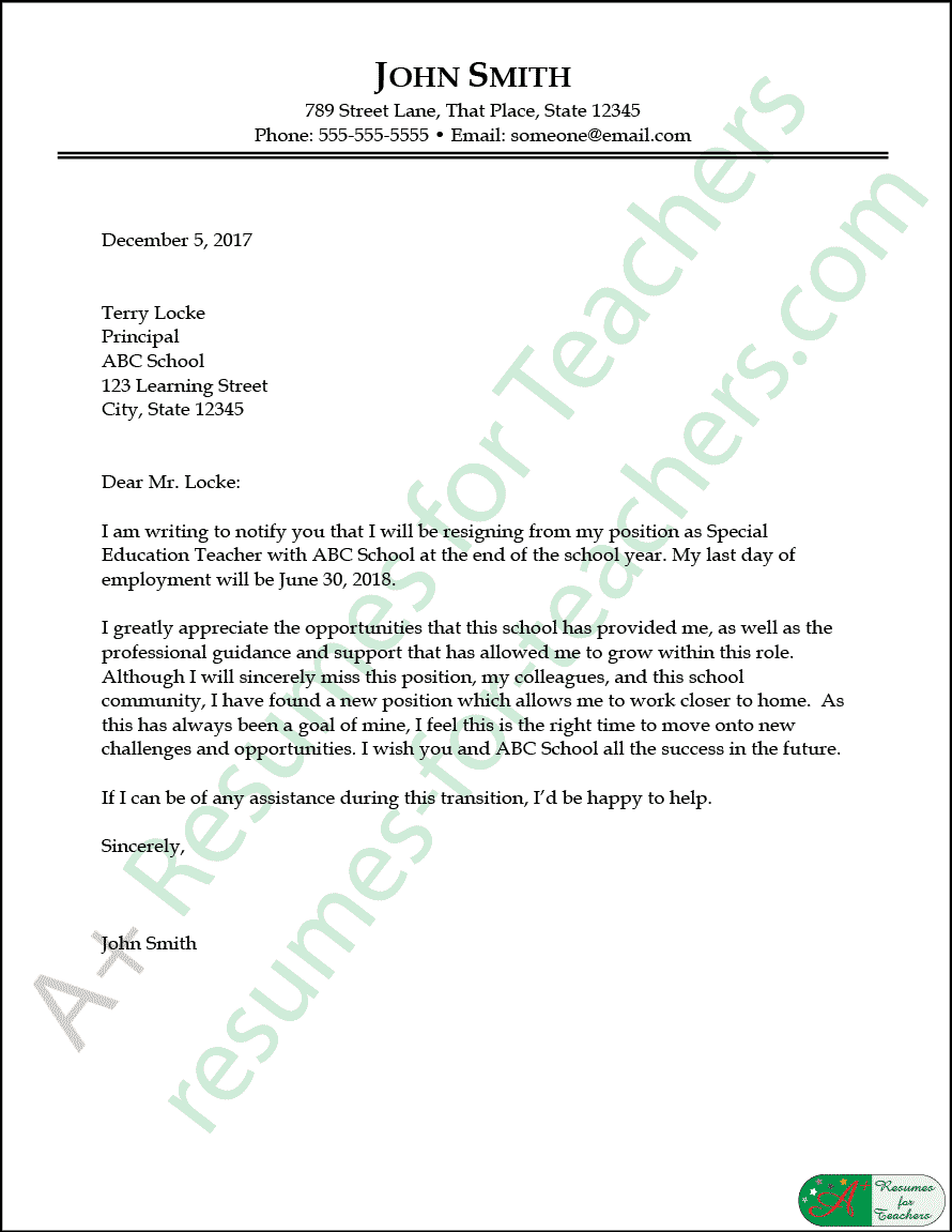 Sample of a teachers resignation letter