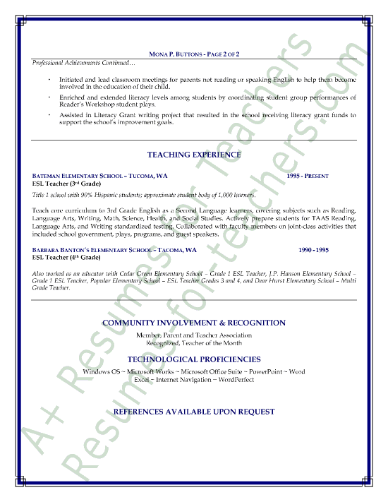 Resume sample for a teacher