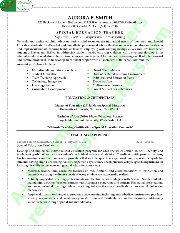 Special education teacher sample resume