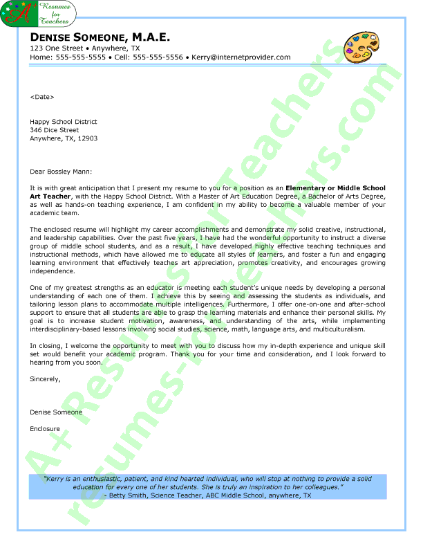 Art Teacher Cover Letter Sample