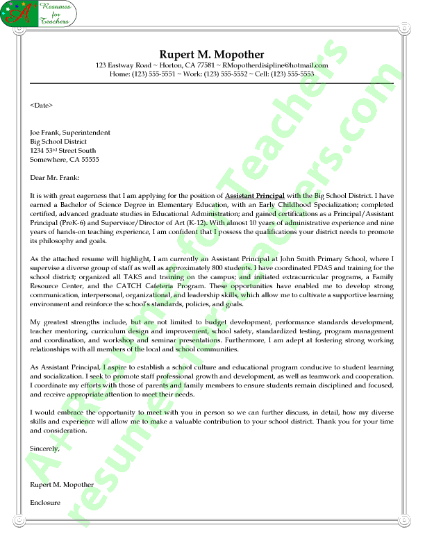 Assistant Principal Cover Letter Sample