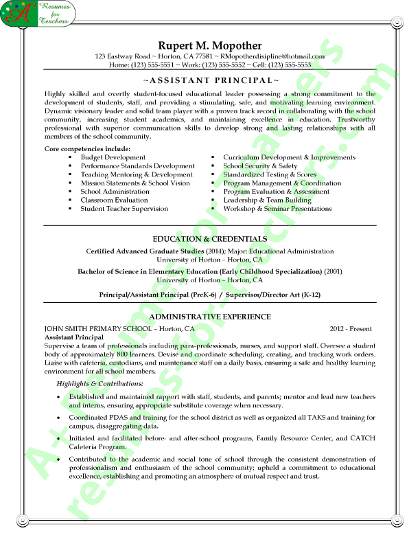 assistant school principal resume or cv sample a k a  vice principal