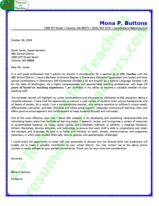 Esl English As A Second Language Teacher Cover Letter Sample