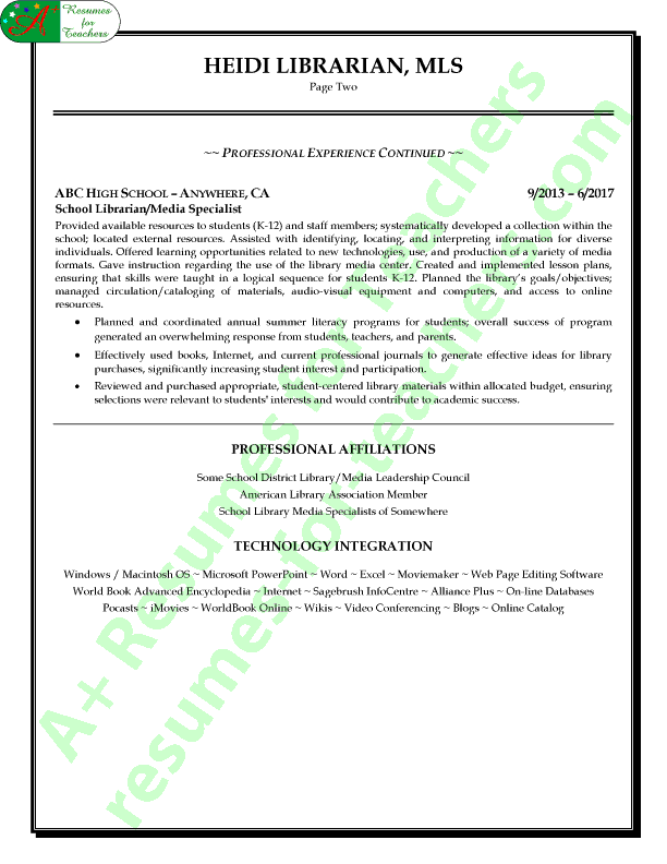 Librarian / Media Resume Sample - Page 2