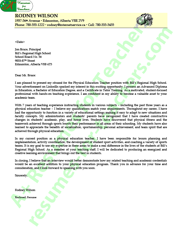 Physical Education Teacher S Cover Letter Example