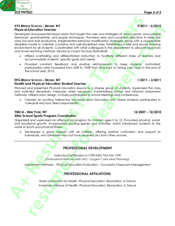 Physical Education Resume Sample - Page 2