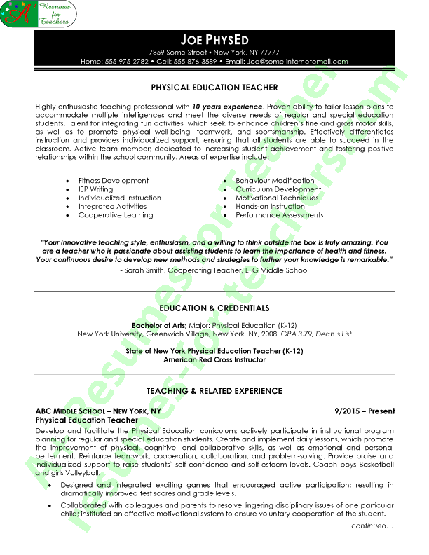 Physical Education Resume Sample - Page 1