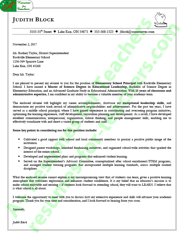 Elementary School Principal S Cover Letter Example