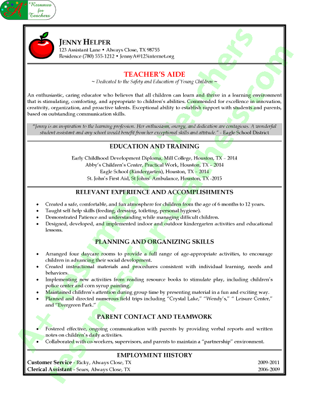 teacher u0026 39 s aide or assistant resume sample or cv example